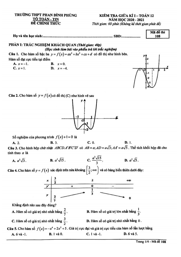 de thi giua hoc ki 1 hk1 lop 12 mon toan nam 2020 2021 truong thpt phan dinh phung ha noi d