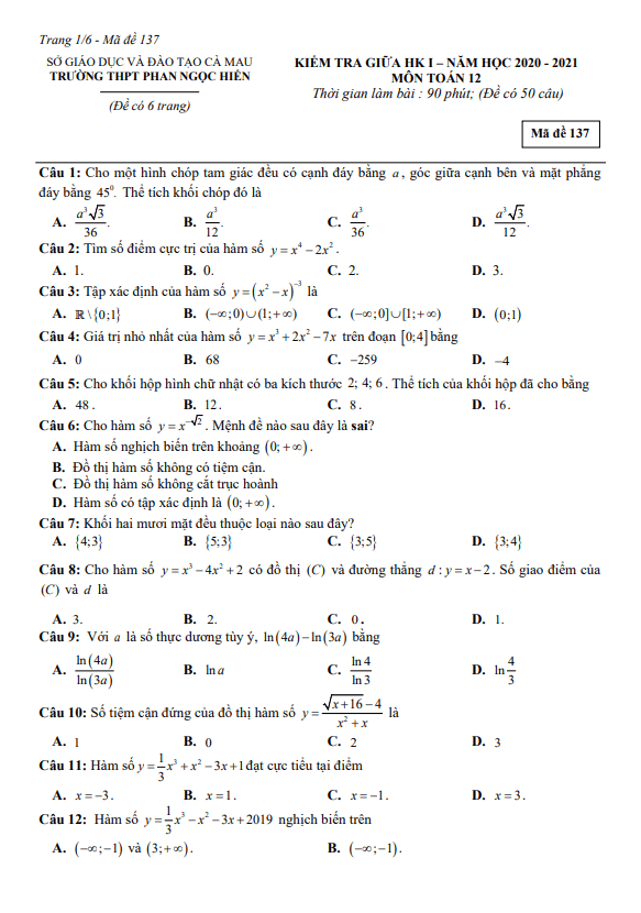 Đề thi giữa học kì 1 (HK1) lớp 12 môn Toán năm 2020 2021 trường THPT Phan Ngọc Hiển Cà Mau 5 de thi giua hoc ki 1 hk1 lop 12 mon toan nam 2020 2021 truong thpt phan ngoc hien ca mau d