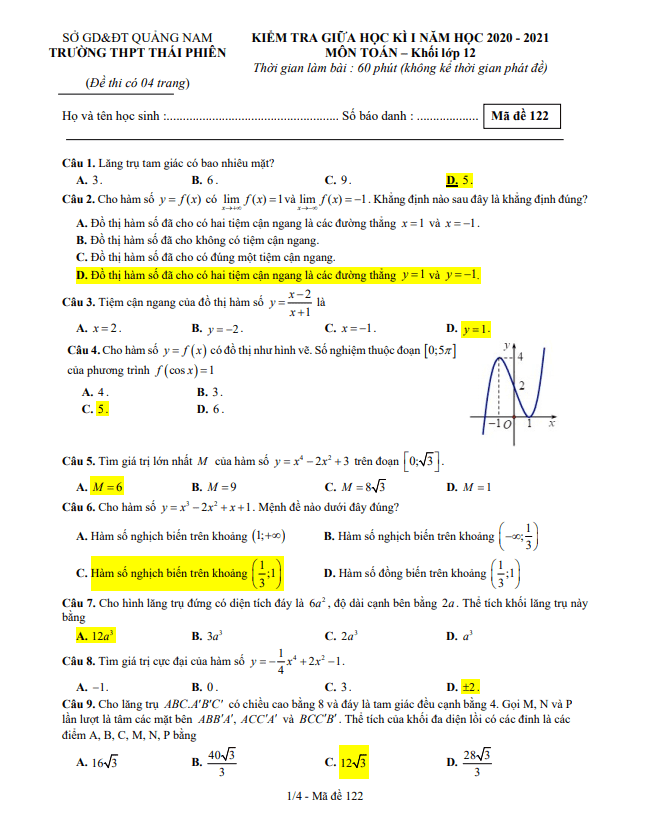 de thi giua hoc ki 1 hk1 lop 12 mon toan nam 2020 2021 truong thpt thai phien quang nam d