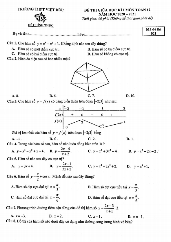 de thi giua hoc ki 1 hk1 lop 12 mon toan nam 2020 2021 truong thpt viet duc ha noi d
