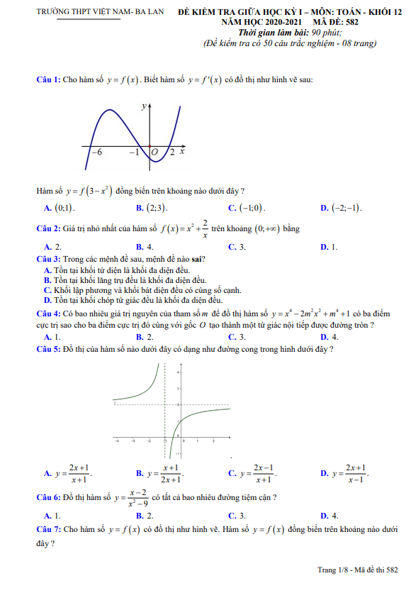 de thi giua hoc ki 1 hk1 lop 12 mon toan nam 2020 2021 truong thpt viet nam ba lan ha noi d