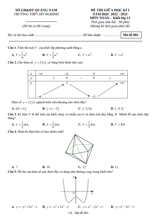 de thi giua hoc ki 1 hk1 lop 12 mon toan nam 2022 2023 truong thpt ho nghinh quang nam d