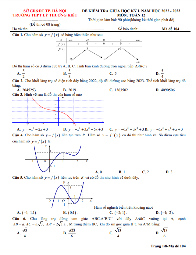 de thi giua hoc ki 1 hk1 lop 12 mon toan nam 2022 2023 truong thpt ly thuong kiet ha noi d