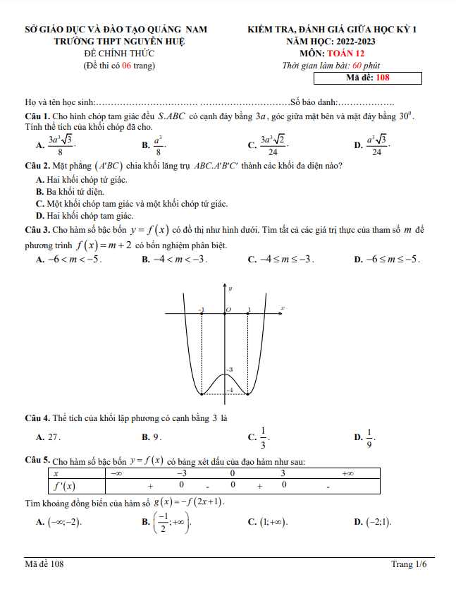 Đề thi giữa học kì 1 (HK1) lớp 12 môn Toán năm 2022 2023 trường THPT Nguyễn Huệ Quảng Nam 4 de thi giua hoc ki 1 hk1 lop 12 mon toan nam 2022 2023 truong thpt nguyen hue quang nam d