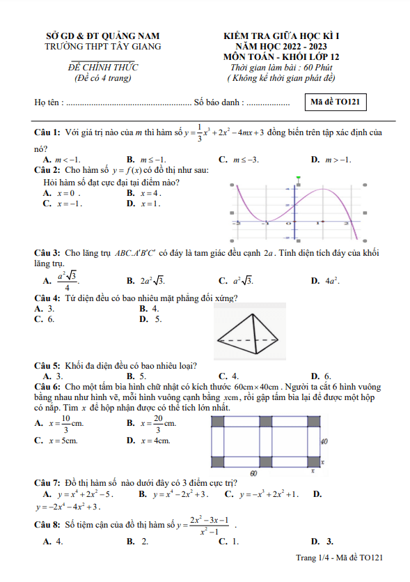 Đề thi giữa học kì 1 (HK1) lớp 12 môn Toán năm 2022 2023 trường THPT Tây Giang Quảng Nam 4 de thi giua hoc ki 1 hk1 lop 12 mon toan nam 2022 2023 truong thpt tay giang quang nam d