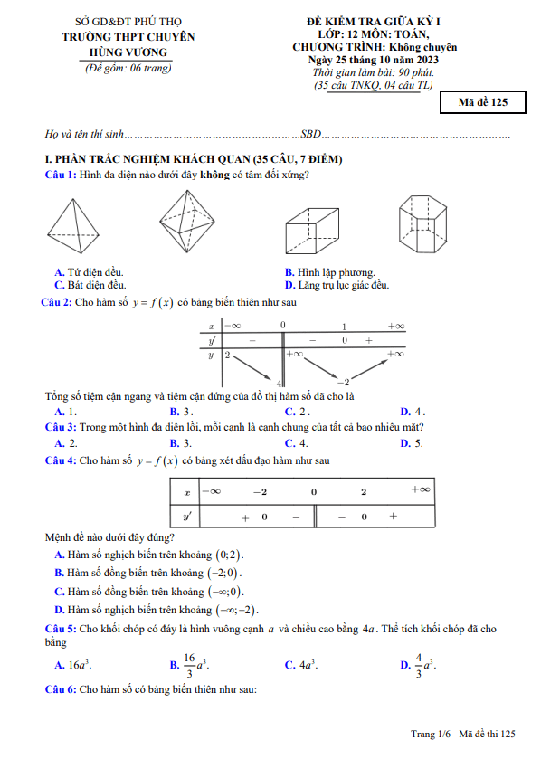 de thi giua hoc ki 1 hk1 lop 12 mon toan nam 2023 2024 truong chuyen hung vuong phu tho d