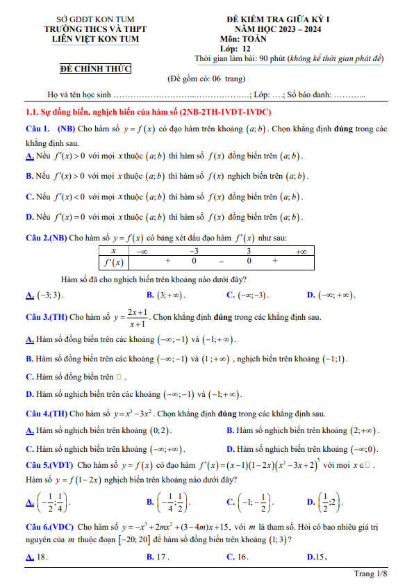 de thi giua hoc ki 1 hk1 lop 12 mon toan nam 2023 2024 truong thcs thpt lien viet kon tum d
