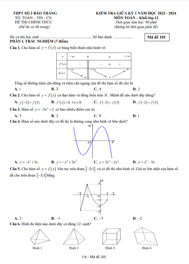 de thi giua hoc ki 1 hk1 lop 12 mon toan nam 2023 2024 truong thpt bao thang 3 lao cai d