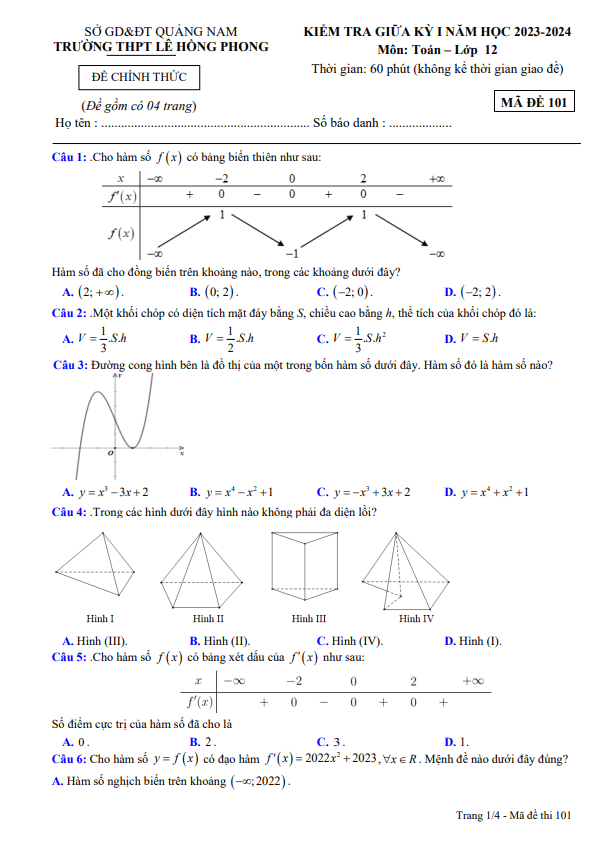 de thi giua hoc ki 1 hk1 lop 12 mon toan nam 2023 2024 truong thpt le hong phong quang nam d