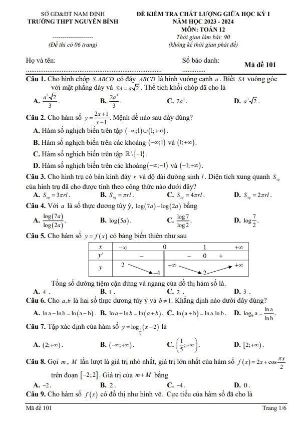 Đề thi giữa học kì 1 (HK1) lớp 12 môn Toán năm 2023 2024 trường THPT Nguyễn Bính Nam Định 2 de thi giua hoc ki 1 hk1 lop 12 mon toan nam 2023 2024 truong thpt nguyen binh nam dinh d