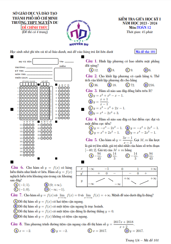 de thi giua hoc ki 1 hk1 lop 12 mon toan nam 2023 2024 truong thpt nguyen du tp hcm d