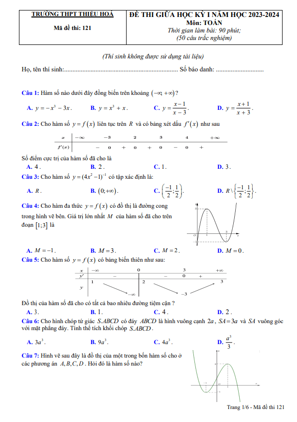 de thi giua hoc ki 1 hk1 lop 12 mon toan nam 2023 2024 truong thpt thieu hoa thanh hoa d