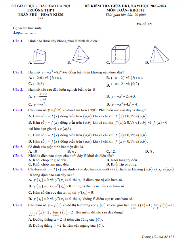 de thi giua hoc ki 1 hk1 lop 12 mon toan nam 2023 2024 truong thpt tran phu ha noi d