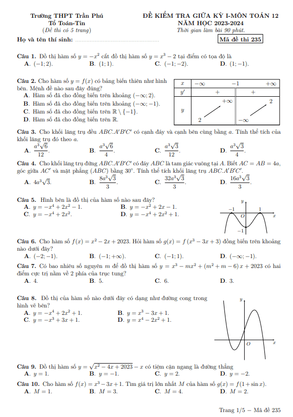 de thi giua hoc ki 1 hk1 lop 12 mon toan nam 2023 2024 truong thpt tran phu phu yen d