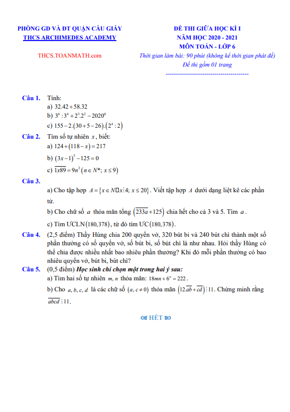 de thi giua hoc ki 1 hk1 lop 6 mon toan nam 2020 2021 truong thcs archimedes academy ha noi d