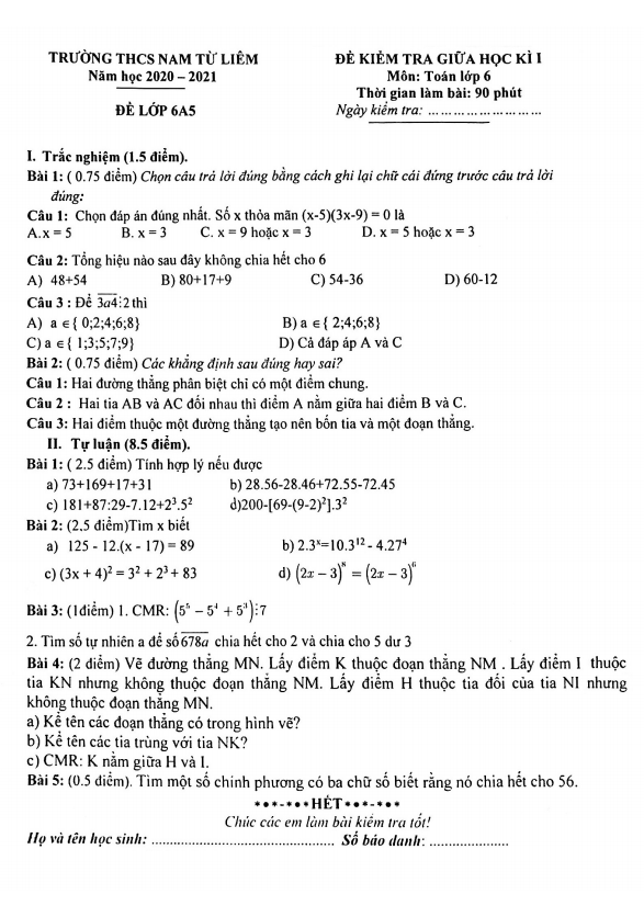 Đề thi giữa học kì 1 (HK1) lớp 6 môn Toán năm 2020 2021 trường THCS Nam Từ Liêm Hà Nội 4 de thi giua hoc ki 1 hk1 lop 6 mon toan nam 2020 2021 truong thcs nam tu liem ha noi d