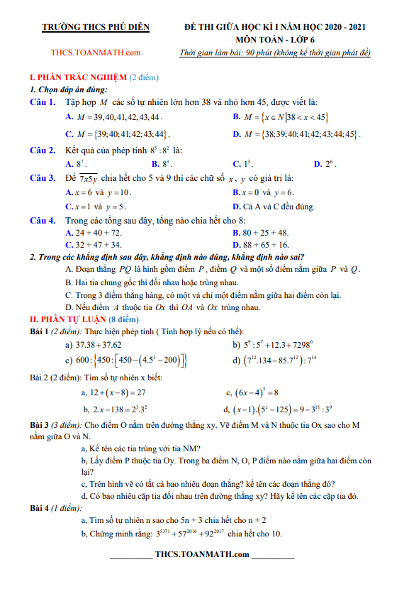 de thi giua hoc ki 1 hk1 lop 6 mon toan nam 2020 2021 truong thcs phu dien ha noi d