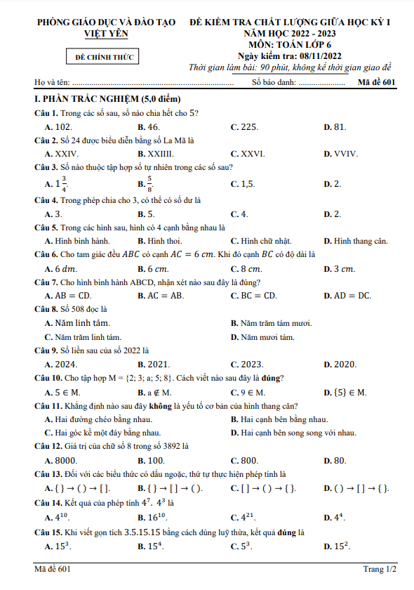 Đề thi giữa học kì 1 (HK1) lớp 6 môn Toán năm 2022 2023 phòng GD ĐT Việt Yên Bắc Giang 1 de thi giua hoc ki 1 hk1 lop 6 mon toan nam 2022 2023 phong gd dt viet yen bac giang d