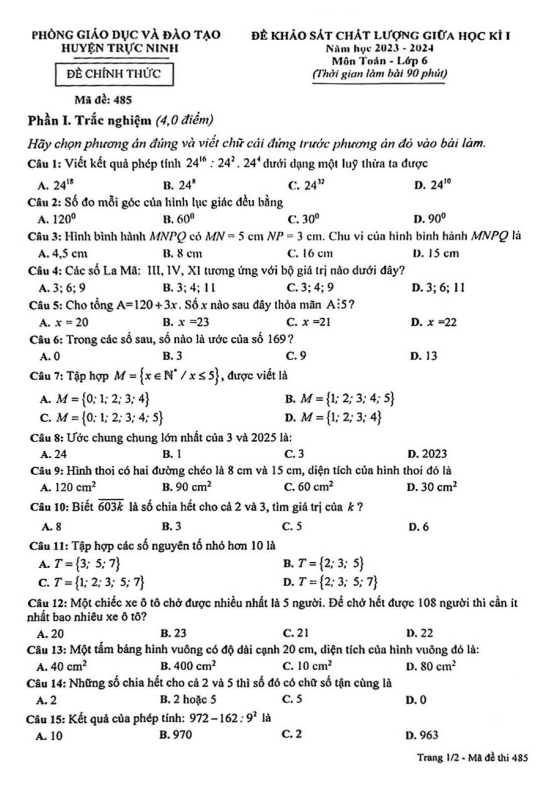 de thi giua hoc ki 1 hk1 lop 6 mon toan nam 2023 2024 phong gd dt truc ninh nam dinh d