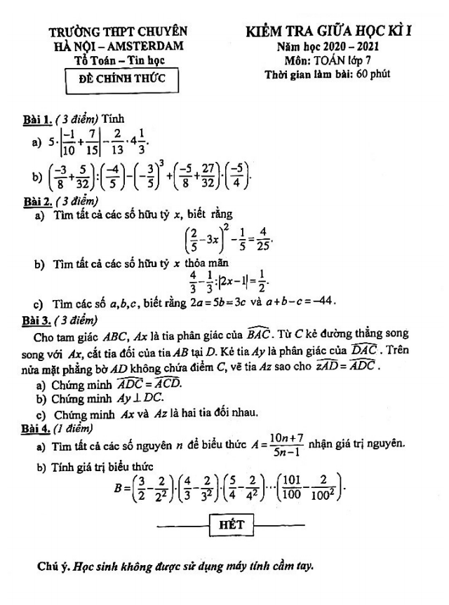 de thi giua hoc ki 1 hk1 lop 7 mon toan nam 2020 2021 truong chuyen ha noi amsterdam d