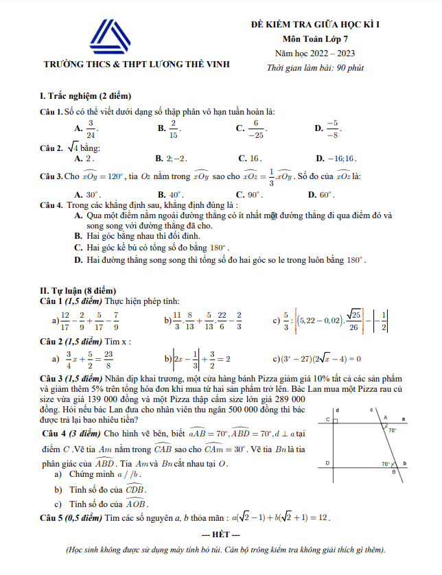 de thi giua hoc ki 1 hk1 lop 7 mon toan nam 2022 2023 truong luong the vinh ha noi d