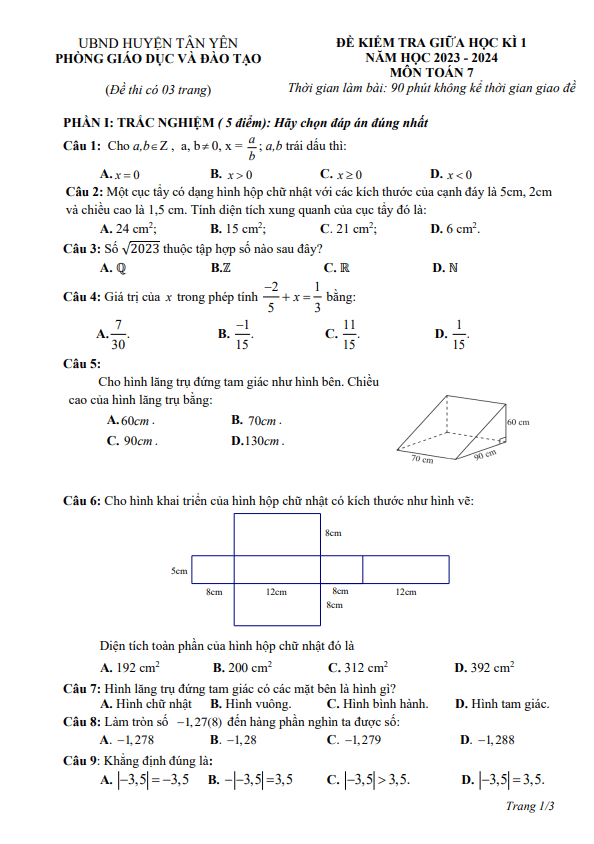 de thi giua hoc ki 1 hk1 lop 7 mon toan nam 2023 2024 phong gd dt tan yen bac giang d