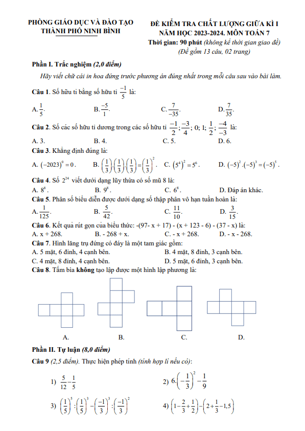 Đề thi giữa học kì 1 (HK1) lớp 7 môn Toán năm 2023 2024 phòng GD ĐT thành phố Ninh Bình 4 de thi giua hoc ki 1 hk1 lop 7 mon toan nam 2023 2024 phong gd dt thanh pho ninh binh d