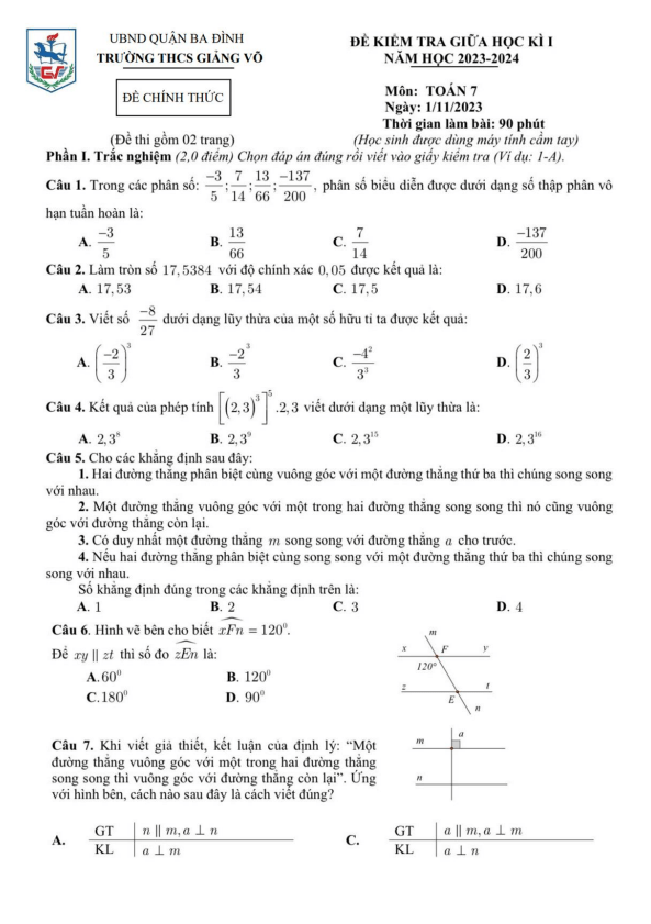 de thi giua hoc ki 1 hk1 lop 7 mon toan nam 2023 2024 truong thcs giang vo ha noi d