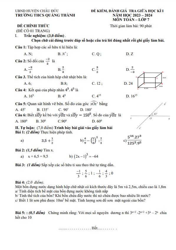 de thi giua hoc ki 1 hk1 lop 7 mon toan nam 2023 2024 truong thcs quang thanh br vt d