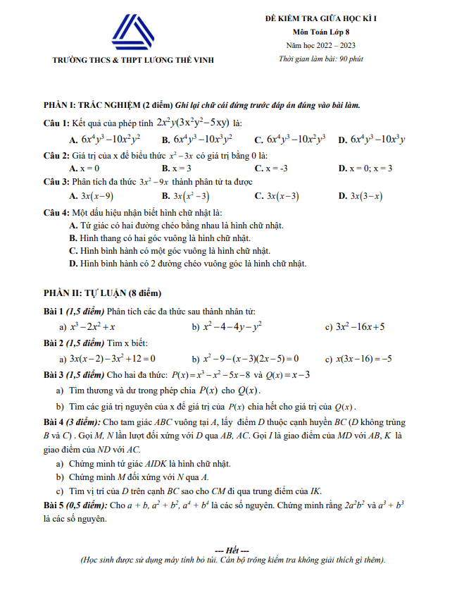 de thi giua hoc ki 1 hk1 lop 8 mon toan nam 2022 2023 truong luong the vinh ha noi d