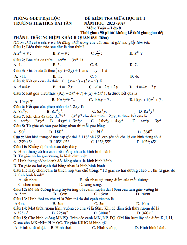 de thi giua hoc ki 1 hk1 lop 8 mon toan nam 2023 2024 truong th thcs dai tan quang nam d