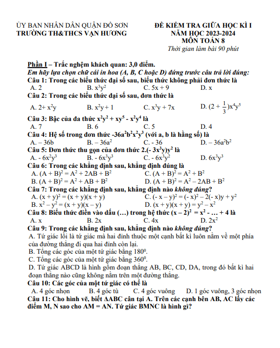 Đề thi giữa học kì 1 (HK1) lớp 8 môn Toán năm 2023 2024 trường TH THCS Vạn Hương Hải Phòng 3 de thi giua hoc ki 1 hk1 lop 8 mon toan nam 2023 2024 truong th thcs van huong hai phong d