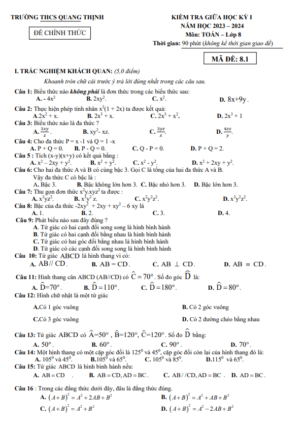 de thi giua hoc ki 1 hk1 lop 8 mon toan nam 2023 2024 truong thcs quang thinh bac giang d
