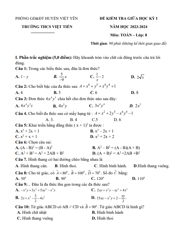 de thi giua hoc ki 1 hk1 lop 8 mon toan nam 2023 2024 truong thcs viet tien bac giang d