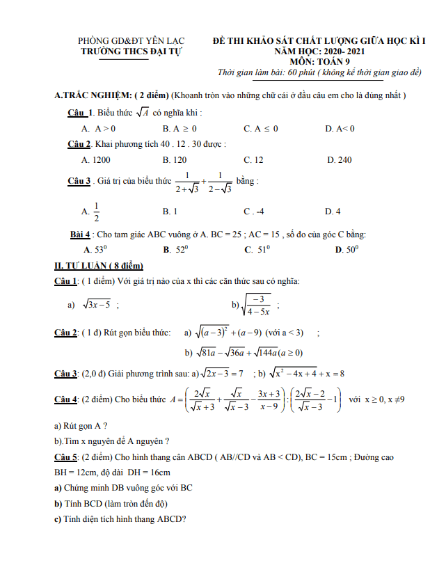 de thi giua hoc ki 1 hk1 lop 9 mon toan nam 2020 2021 truong thcs dai tu vinh phuc d