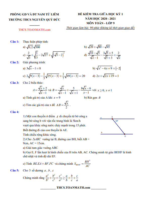 Đề thi giữa học kì 1 (HK1) lớp 9 môn Toán năm 2020 2021 trường THCS Nguyễn Quý Đức Hà Nội 4 de thi giua hoc ki 1 hk1 lop 9 mon toan nam 2020 2021 truong thcs nguyen quy duc ha noi d