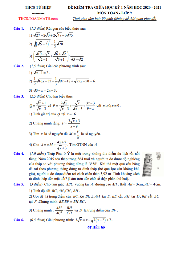 Đề thi giữa học kì 1 (HK1) lớp 9 môn Toán năm 2020 2021 trường THCS Tứ Hiệp Hà Nội 7 de thi giua hoc ki 1 hk1 lop 9 mon toan nam 2020 2021 truong thcs tu hiep ha noi d