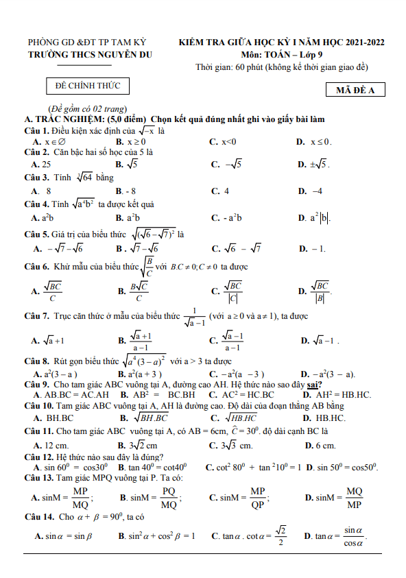 de thi giua hoc ki 1 hk1 lop 9 mon toan nam 2021 2022 truong thcs nguyen du quang nam d