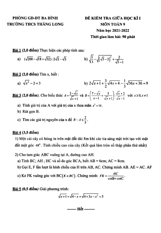 Đề thi giữa học kì 1 (HK1) lớp 9 môn Toán năm 2021 2022 trường THCS Thăng Long Hà Nội 2 de thi giua hoc ki 1 hk1 lop 9 mon toan nam 2021 2022 truong thcs thang long ha noi d