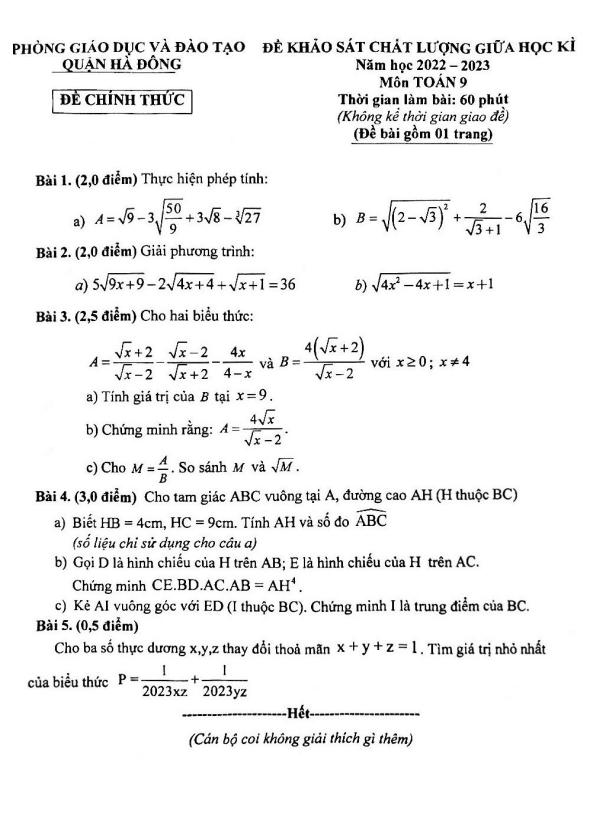 Đề thi giữa học kì 1 (HK1) lớp 9 môn Toán năm 2022 2023 phòng GD ĐT Hà Đông Hà Nội 3 de thi giua hoc ki 1 hk1 lop 9 mon toan nam 2022 2023 phong gd dt ha dong ha noi d