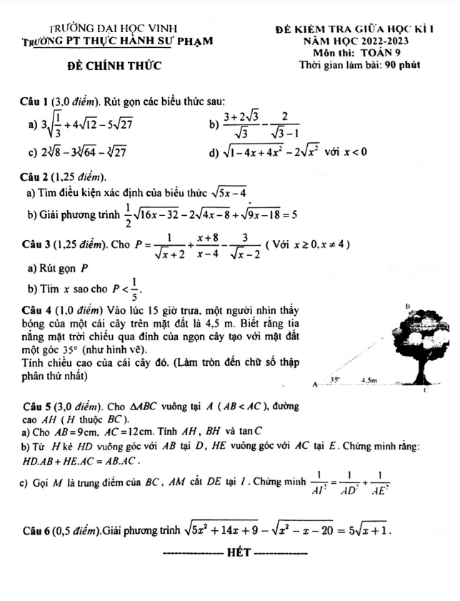 de thi giua hoc ki 1 hk1 lop 9 mon toan nam 2022 2023 truong pt thuc hanh su pham nghe an d