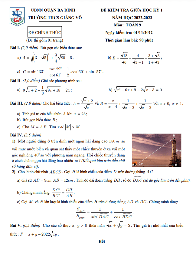de thi giua hoc ki 1 hk1 lop 9 mon toan nam 2022 2023 truong thcs giang vo ha noi d