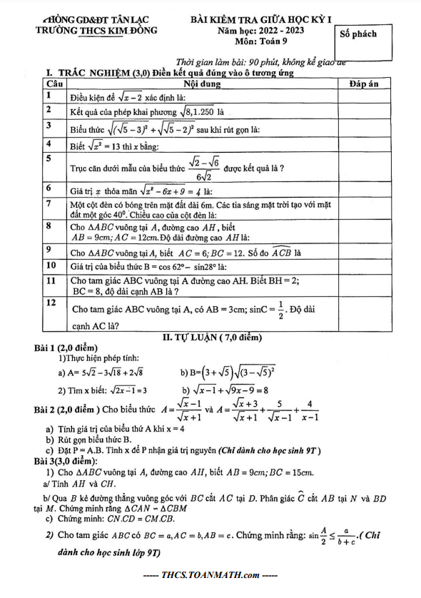 de thi giua hoc ki 1 hk1 lop 9 mon toan nam 2022 2023 truong thcs kim dong hoa binh d