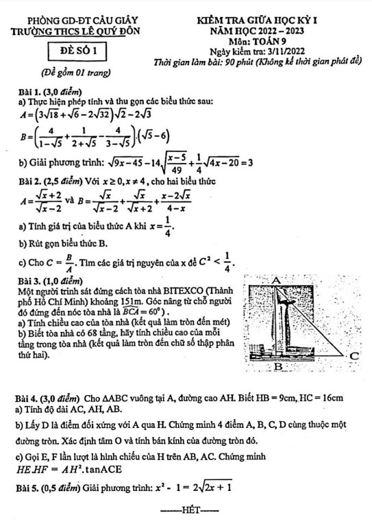 Đề thi giữa học kì 1 (HK1) lớp 9 môn Toán năm 2022 2023 trường THCS Lê Quý Đôn Hà Nội 4 de thi giua hoc ki 1 hk1 lop 9 mon toan nam 2022 2023 truong thcs le quy don ha noi d