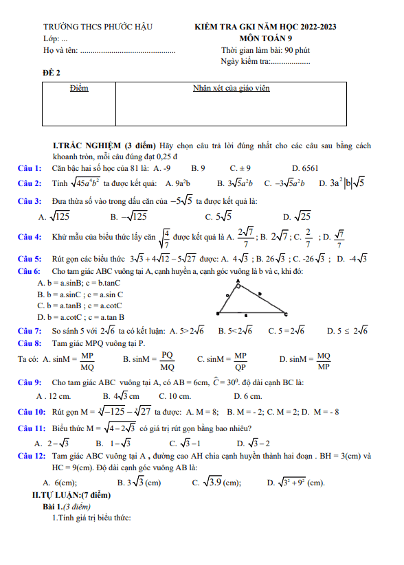 Đề thi giữa học kì 1 (HK1) lớp 9 môn Toán năm 2022 2023 trường THCS Phước Hậu Vĩnh Long 8 de thi giua hoc ki 1 hk1 lop 9 mon toan nam 2022 2023 truong thcs phuoc hau vinh long d