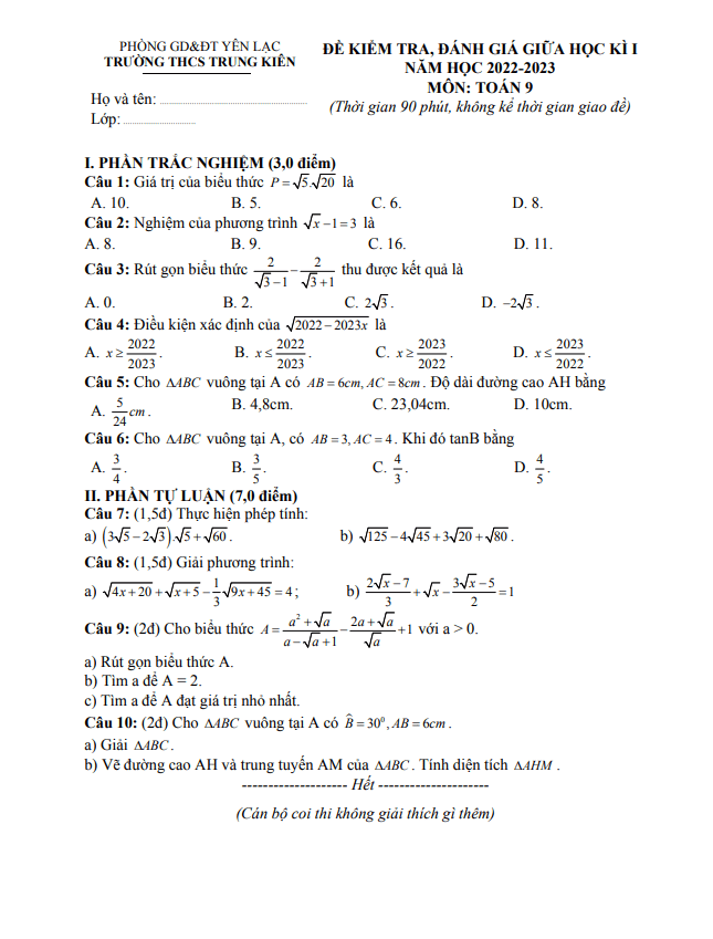 de thi giua hoc ki 1 hk1 lop 9 mon toan nam 2022 2023 truong thcs trung kien vinh phuc d