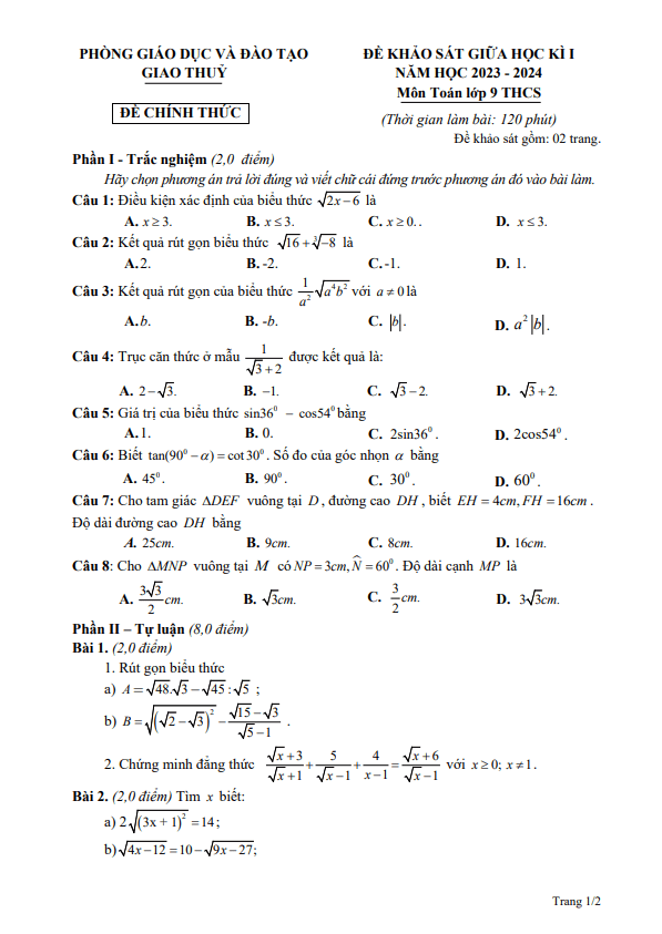 de thi giua hoc ki 1 hk1 lop 9 mon toan nam 2023 2024 phong gd dt giao thuy nam dinh d