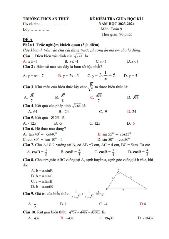 de thi giua hoc ki 1 hk1 lop 9 mon toan nam 2023 2024 truong thcs an thuy quang binh d