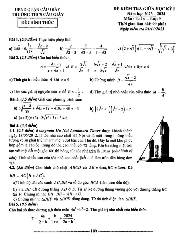Đề thi giữa học kì 1 (HK1) lớp 9 môn Toán năm 2023 2024 trường THCS Cầu Giấy Hà Nội 1 de thi giua hoc ki 1 hk1 lop 9 mon toan nam 2023 2024 truong thcs cau giay ha noi d
