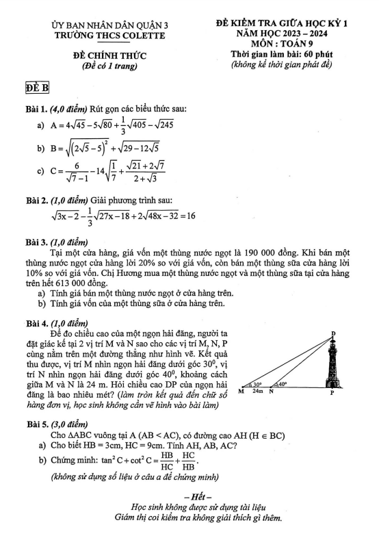 Đề thi giữa học kì 1 (HK1) lớp 9 môn Toán năm 2023 2024 trường THCS Colette TP HCM 4 de thi giua hoc ki 1 hk1 lop 9 mon toan nam 2023 2024 truong thcs colette tp hcm d